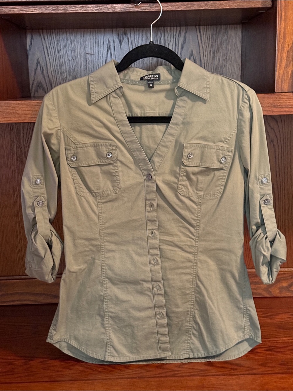 Express Olive Green Shirt with Roll-Tab Sleeves